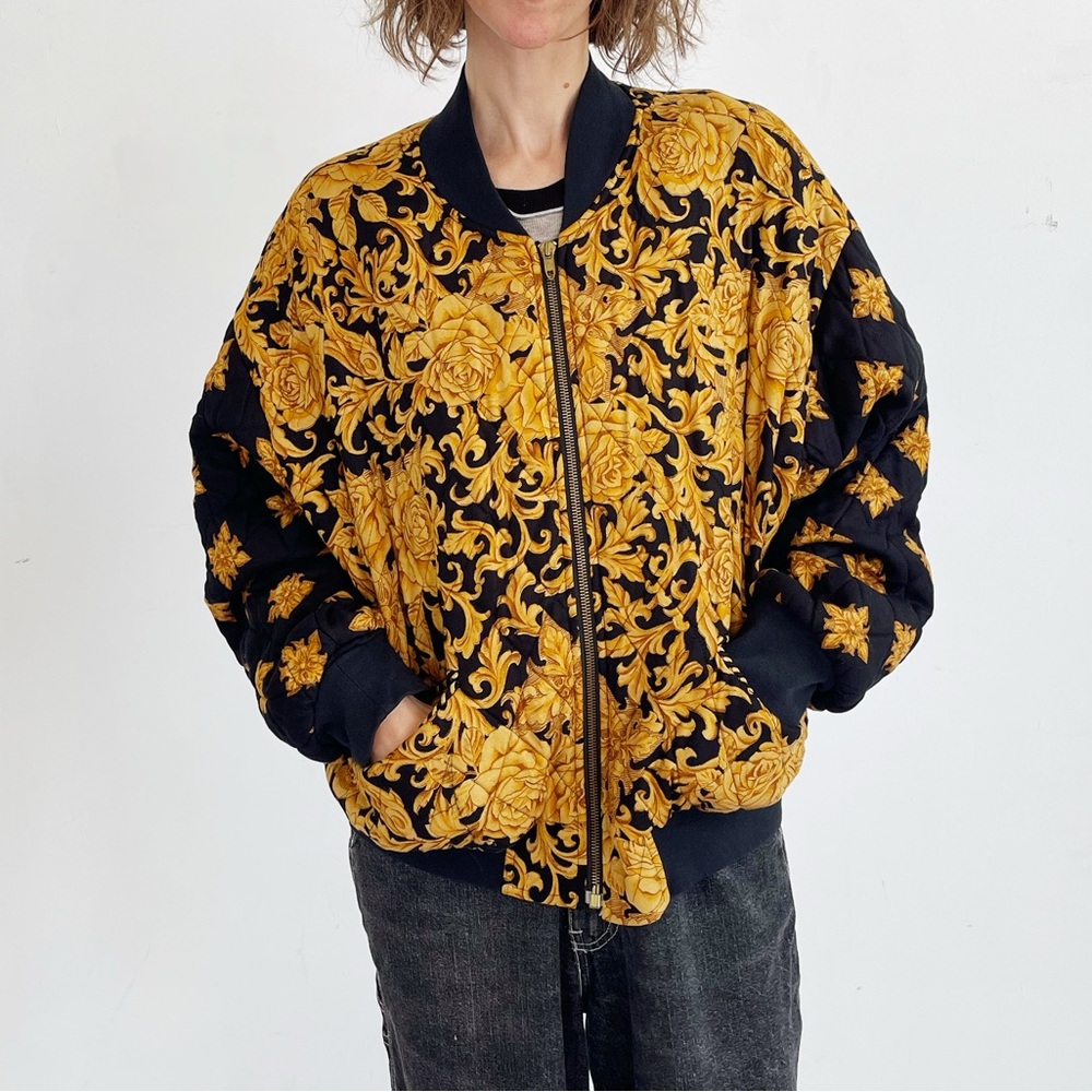 90s BAROQUE BOMBER JACKET- Vintage Gold Black Shacket Unisex Crewneck Zip